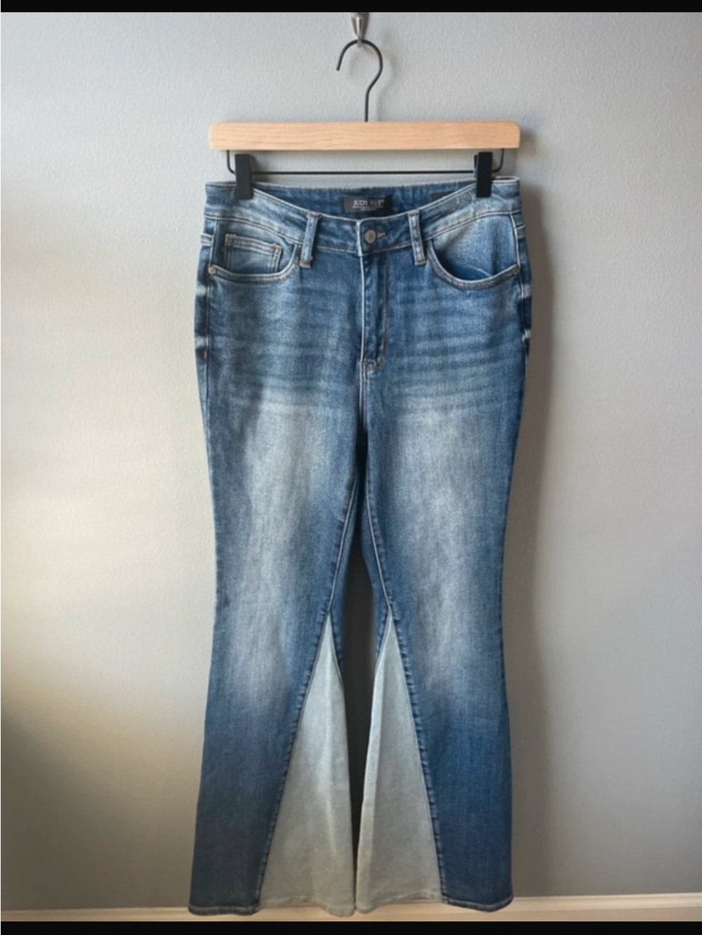 Judy Blue Washed Blue Flare Jeans with Center Front Slit-Tall girl friendly